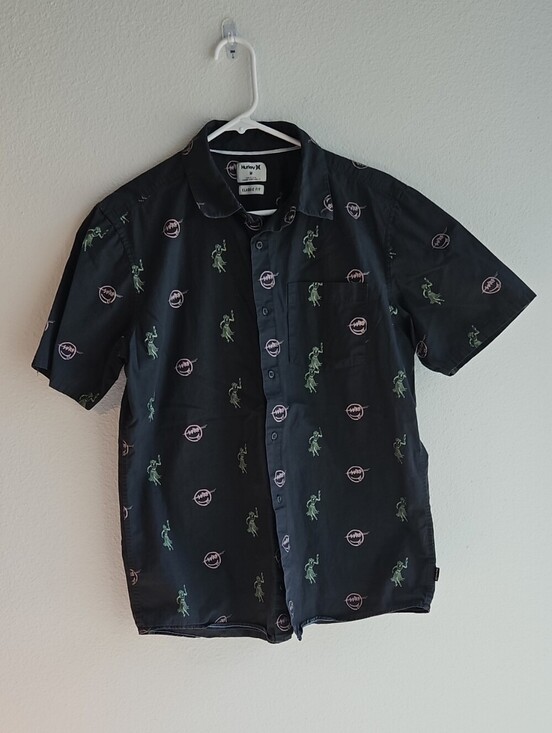 Hurley Other - Hurley Black Short-Sleeve Button Down Shirt with Green & Pink Smile Print Medium